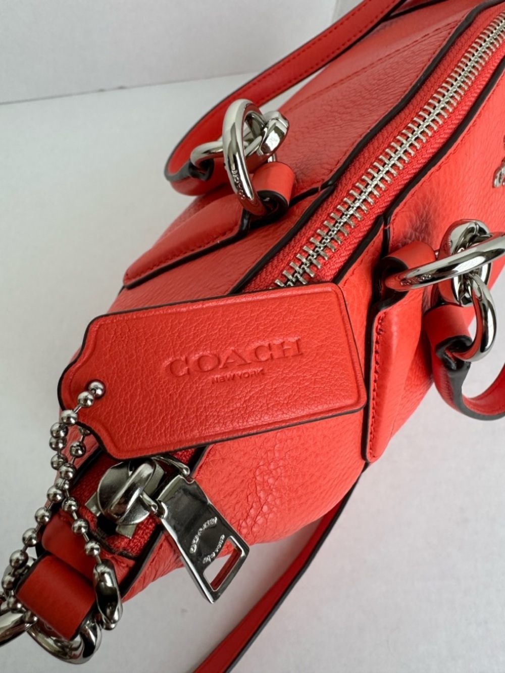 Coach Coral Red Pebbled Leather Satchel Crossbody Shoulder Bag Zip Top Classic - Picture 7 of 13